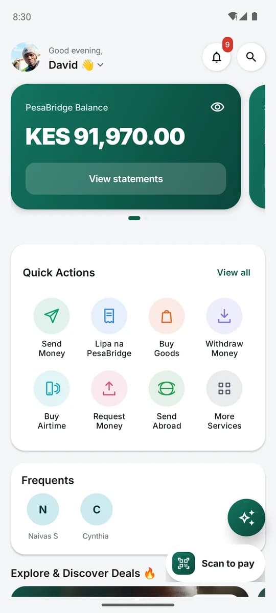 PesaBridge customer app home screen with wallet balance and quick actions