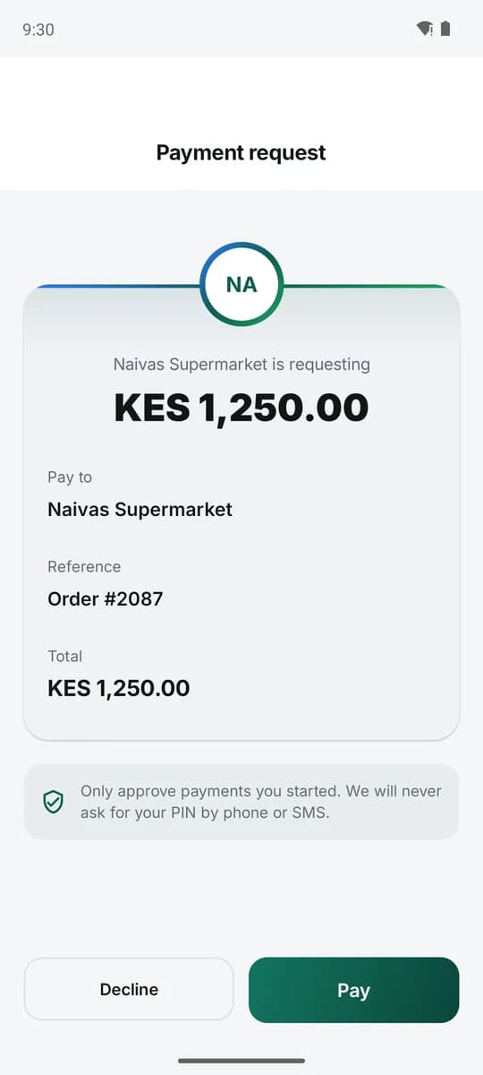 PesaBridge payment request page asking the customer to approve KES 1,250 from Naivas Supermarket