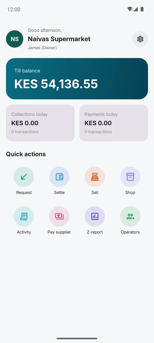 PesaBridge Business app till dashboard for a supermarket
