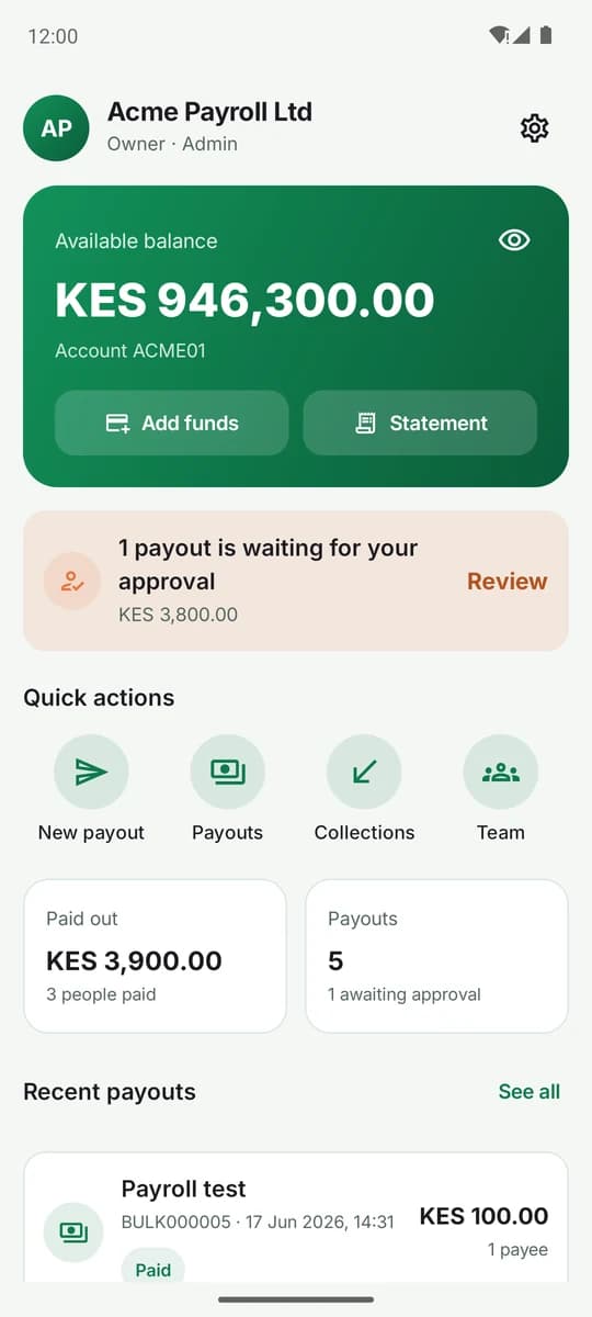 PesaBridge corporate app: dashboard, approvals and payout batches