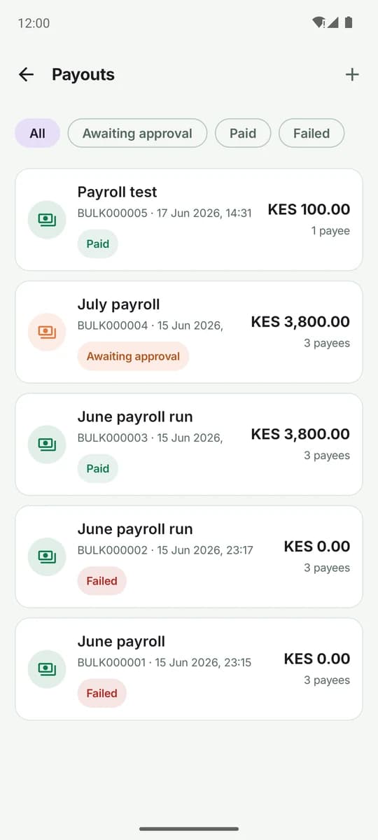 PesaBridge corporate app: dashboard, approvals and payout batches